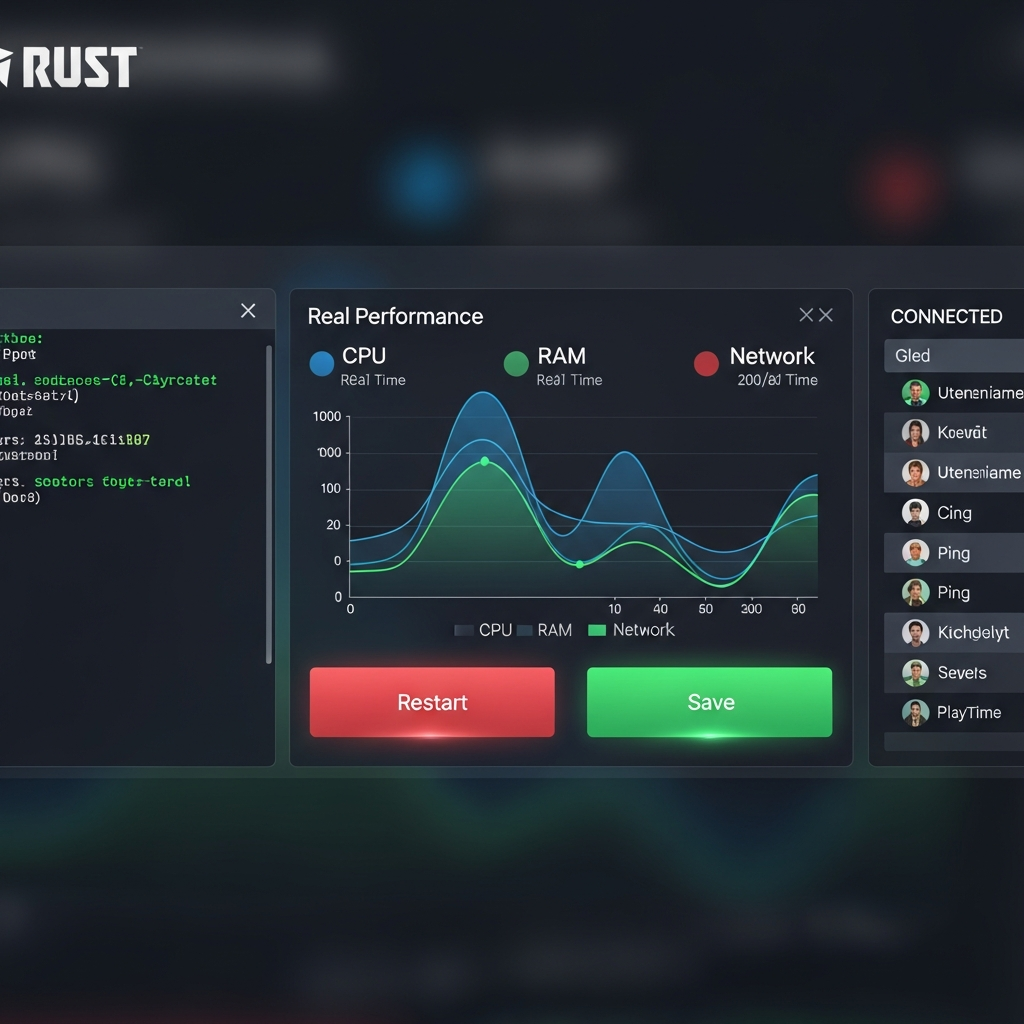Interface de panel d'administration de serveur Rust moderne affichant graphiques de performances en temps réel (CPU, RAM, réseau), console de commandes avec texte vert sur fond noir, liste de joueurs connectés avec statistiques, boutons colorés pour redémarrage et sauvegarde, design ergonomique style dashboard professionnel