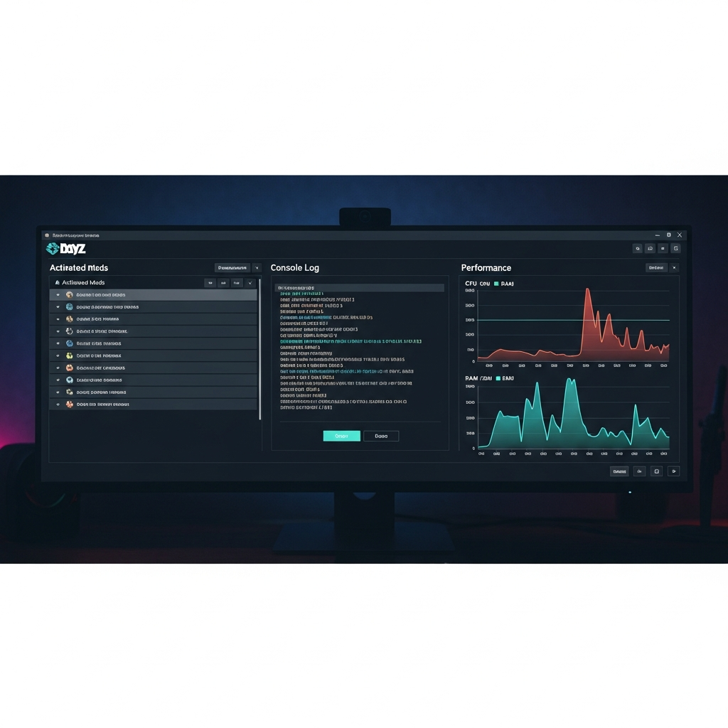 Interface de panel d'administration d'un serveur DayZ avec listes de mods activés, console de logs en temps réel, et graphiques de performance CPU et RAM sur fond sombre moderne