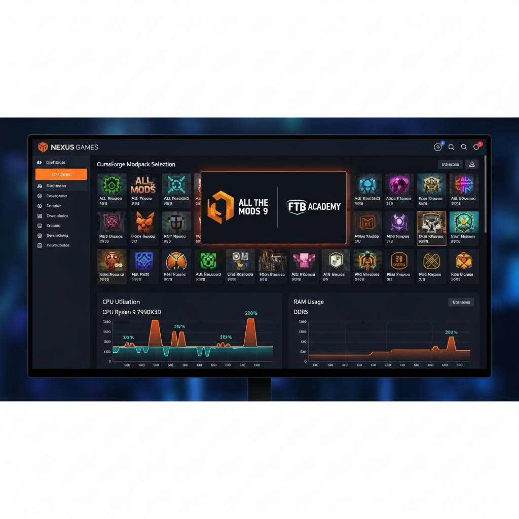 Interface de panel d'hébergement moderne Nexus Games affichant la sélection de modpacks CurseForge avec vignettes All The Mods 9 et FTB Academy, graphiques de monitoring en temps réel montrant utilisation CPU Ryzen 9 7950X3D et RAM DDR5, design professionnel sombre avec accents orange et bleu