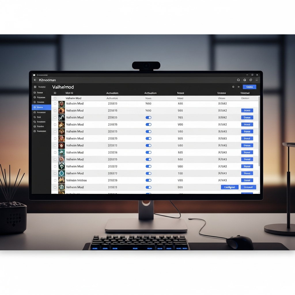 Interface de r2modman affichant une liste organisée de mods Valheim installés avec leurs versions, statuts d'activation et boutons de gestion, sur un écran d'ordinateur moderne