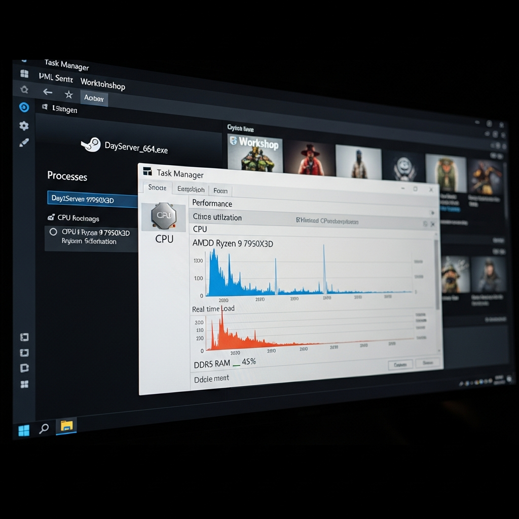 Interface du Gestionnaire des tâches Windows affichant l'utilisation CPU d'un processeur AMD Ryzen 9 7950X3D avec des graphiques de charge en temps réel, utilisation RAM DDR5 à 45%, processus DayZServer_x64.exe en surbrillance, fenêtre Steam Workshop ouverte en arrière-plan