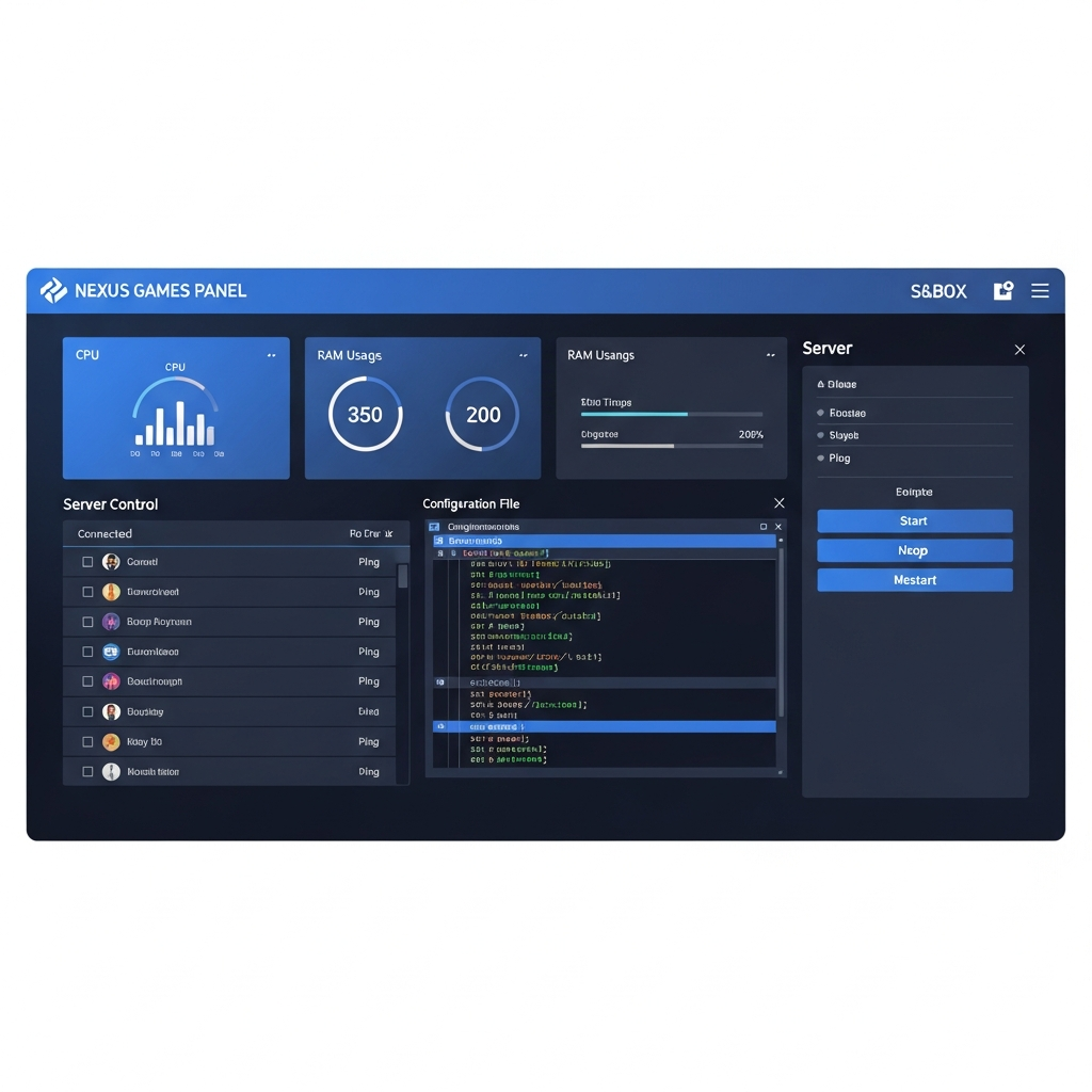 Interface graphique moderne du Panel Nexus Games montrant le tableau de bord de gestion d'un serveur S&Box, avec des widgets affichant l'usage CPU et RAM, la liste des joueurs connectés, les boutons de contrôle et un éditeur de fichier de configuration intégré, sur un design élégant aux tons bleus et gris