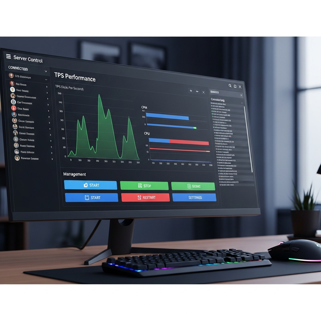 Interface moderne de panel de contrôle serveur Minecraft sur écran 4K, affichant graphiques de performance en temps réel avec courbes de TPS vertes, utilisation CPU et RAM en barres colorées, liste de joueurs connectés avec avatars, console de logs défilant sur fond noir, boutons de gestion bleus et verts, design épuré et professionnel type dashboard, souris gaming RGB visible