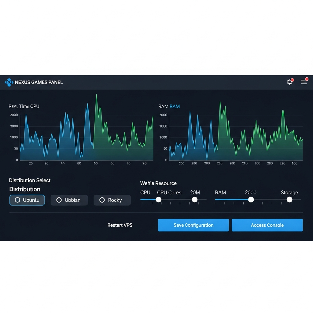 Interface photoréaliste du Panel Nexus Games affichant la page de configuration d'un VPS Linux, avec des graphiques de performance CPU et RAM en temps réel, sélecteur de distribution (Ubuntu, Debian, Rocky), sliders de ressources, boutons modernes bleus et noirs, design épuré et professionnel, écran large 4K