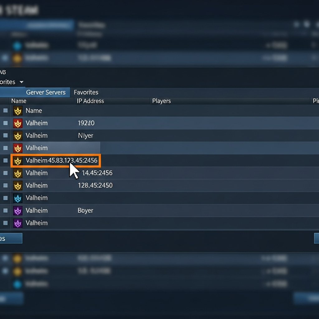 Interface photoréaliste du client Steam affichant la fenêtre des serveurs, onglet Favoris ouvert avec plusieurs lignes de serveurs Valheim listés (colonnes Nom, IP, Joueurs, Ping), fond gris-bleu typique de Steam, curseur de souris survolant une ligne avec IP visible 45.83.123.45:2456