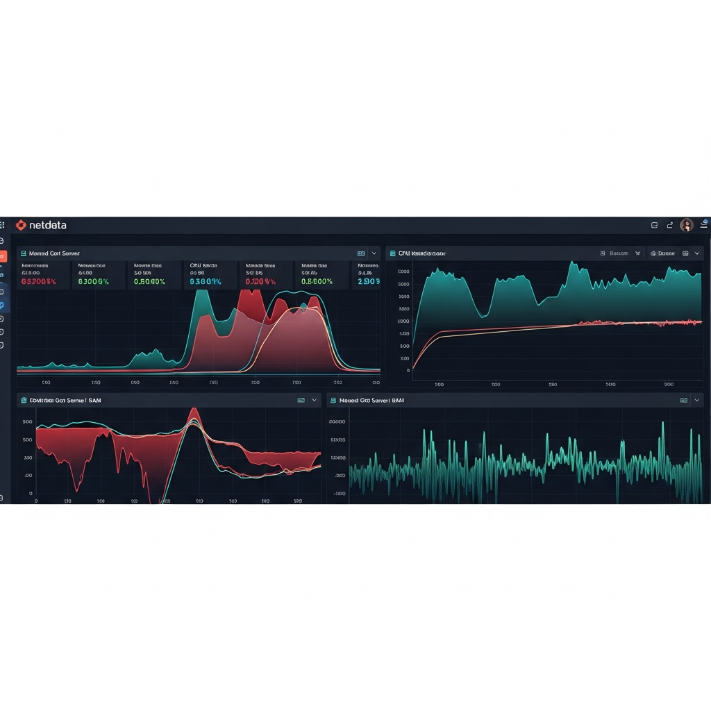 Interface photoréaliste d'un dashboard Netdata affichant des graphiques en temps réel de l'utilisation réseau, CPU et RAM d'un serveur Minecraft, courbes colorées sur fond sombre, ambiance monitoring professionnel