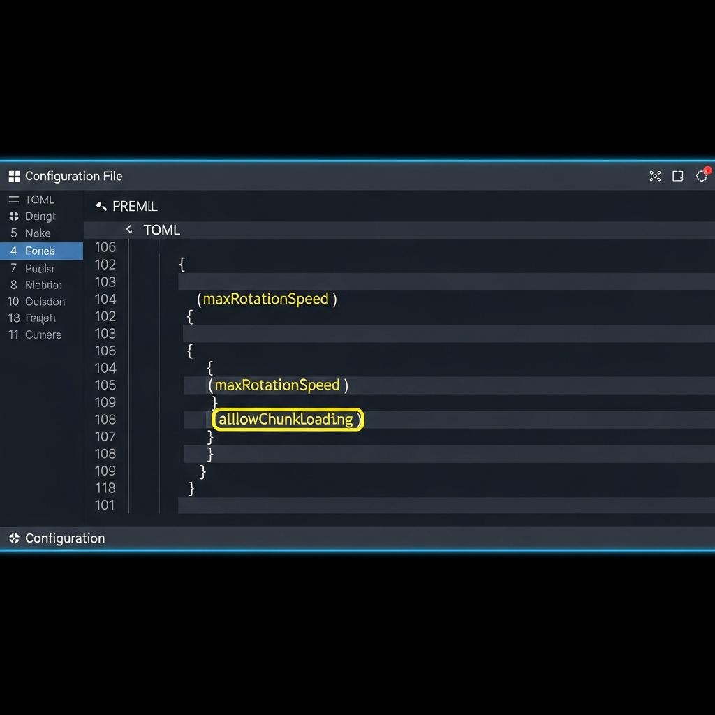 Interface photoréaliste d'un éditeur de fichiers de configuration avec code TOML affiché (lignes surlignées en jaune pour maxRotationSpeed et allowChunkloading), thème sombre avec numéros de lignes et coloration syntaxique professionnelle