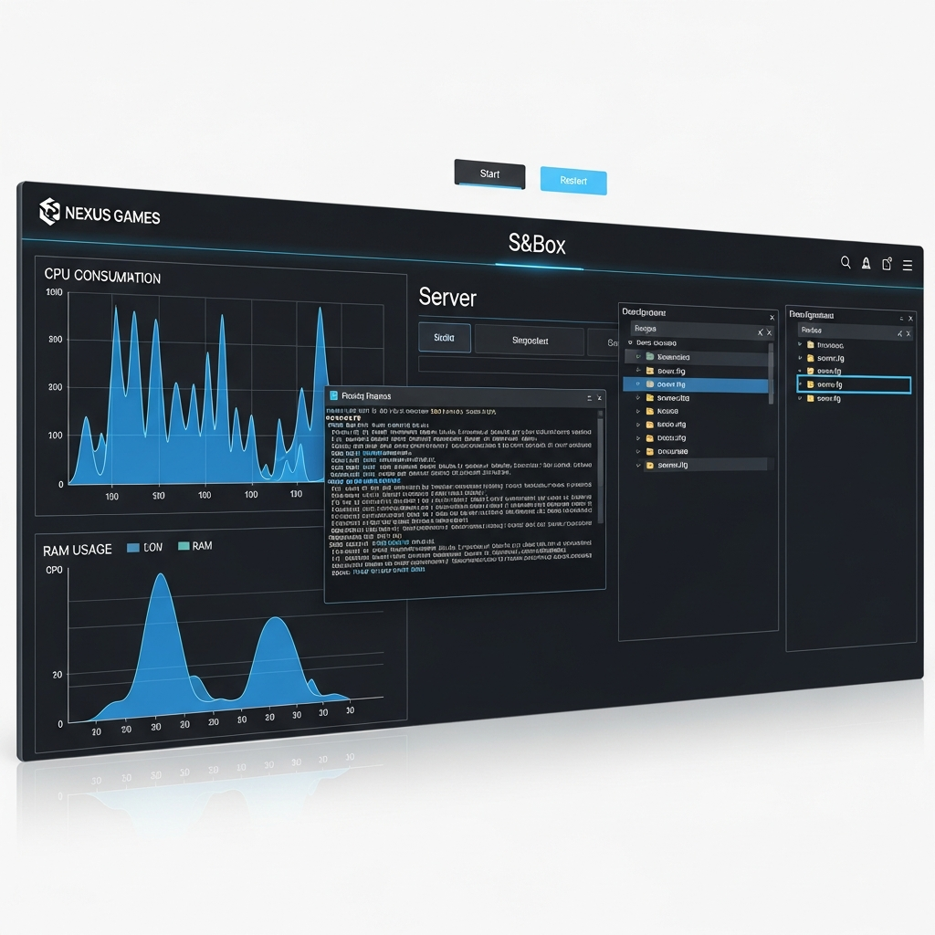 Interface photoréaliste du panel Nexus Games affichant la page de gestion d'un serveur S&Box, avec graphiques temps réel de consommation CPU et RAM, console de commandes en superposition, liste de fichiers de configuration ouverte dans un explorateur intégré, et boutons de contrôle démarrage/redémarrage en haut de l'écran, design moderne aux accents bleus électriques