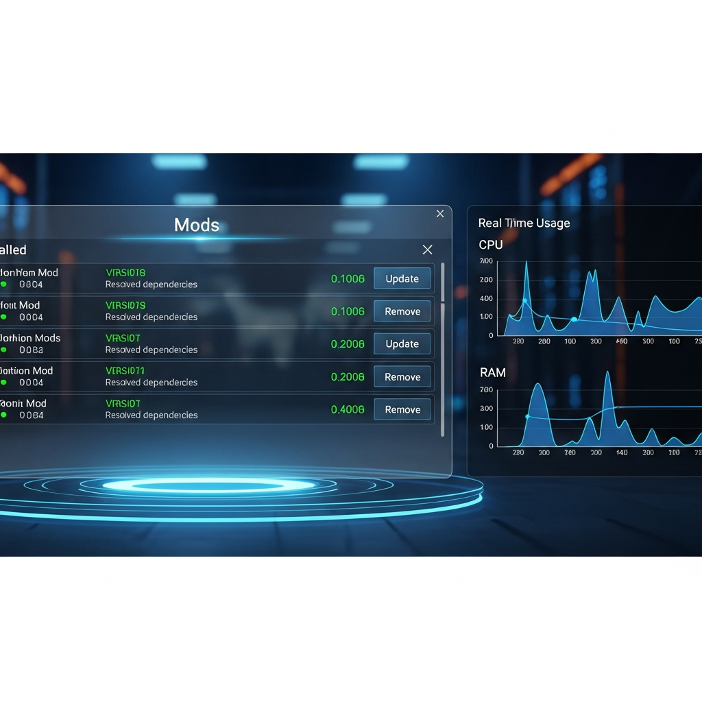 Interfaz de gestión de mods en servidor Minecraft mostrando una lista organizada de mods instalados con sus versiones, estado de dependencias resueltas en verde, botones de actualización y eliminación, todo en un dashboard moderno con gráficos de uso de recursos del servidor (CPU, RAM) en tiempo real