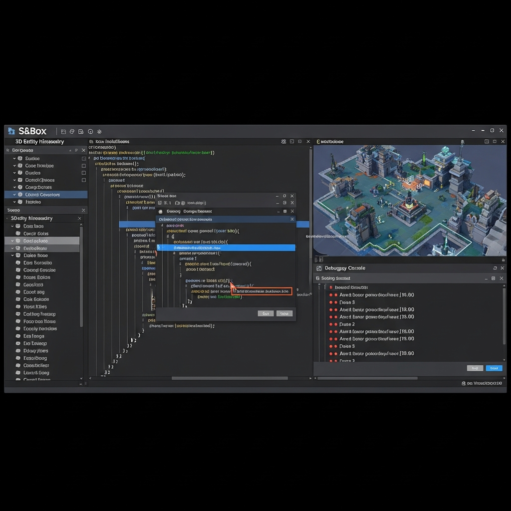 Interfaz del editor de S&Box mostrando el entorno de desarrollo integrado con Visual Studio, ventana de código C# con IntelliSense activado mostrando sugerencias de autocompletado, panel de jerarquía de entidades en 3D, vista previa en tiempo real del mapa siendo editado, consola de debugging con breakpoints activos, aspecto profesional y moderno