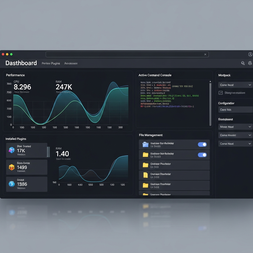 Interfaz de panel de control de servidor Minecraft en navegador web moderno, mostrando dashboard con gráficos de rendimiento CPU y RAM en tiempo real, lista de plugins instalados, consola de comandos activa, sección de gestión de archivos y menú de configuración de modpacks, con diseño profesional y elementos UI claramente visibles