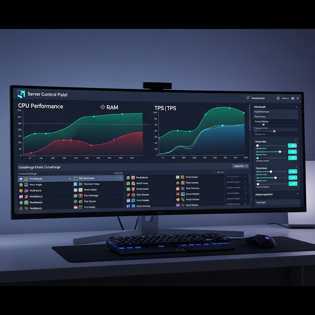 Interfaz de panel de control de servidor Minecraft mostrando gráficos de uso de CPU, RAM y TPS en tiempo real, con lista de modpacks instalables de CurseForge y opciones de configuración avanzada