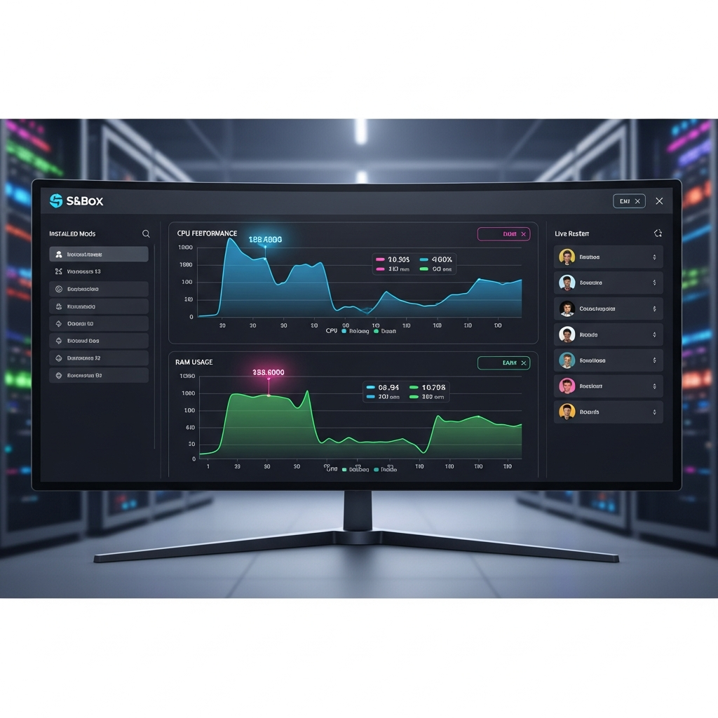Interfaz de panel de control moderno mostrando estadísticas de servidor S&Box en tiempo real, gráficos de rendimiento de CPU y RAM, lista de mods instalados y jugadores conectados, diseño limpio con tonos oscuros y acentos en color neón