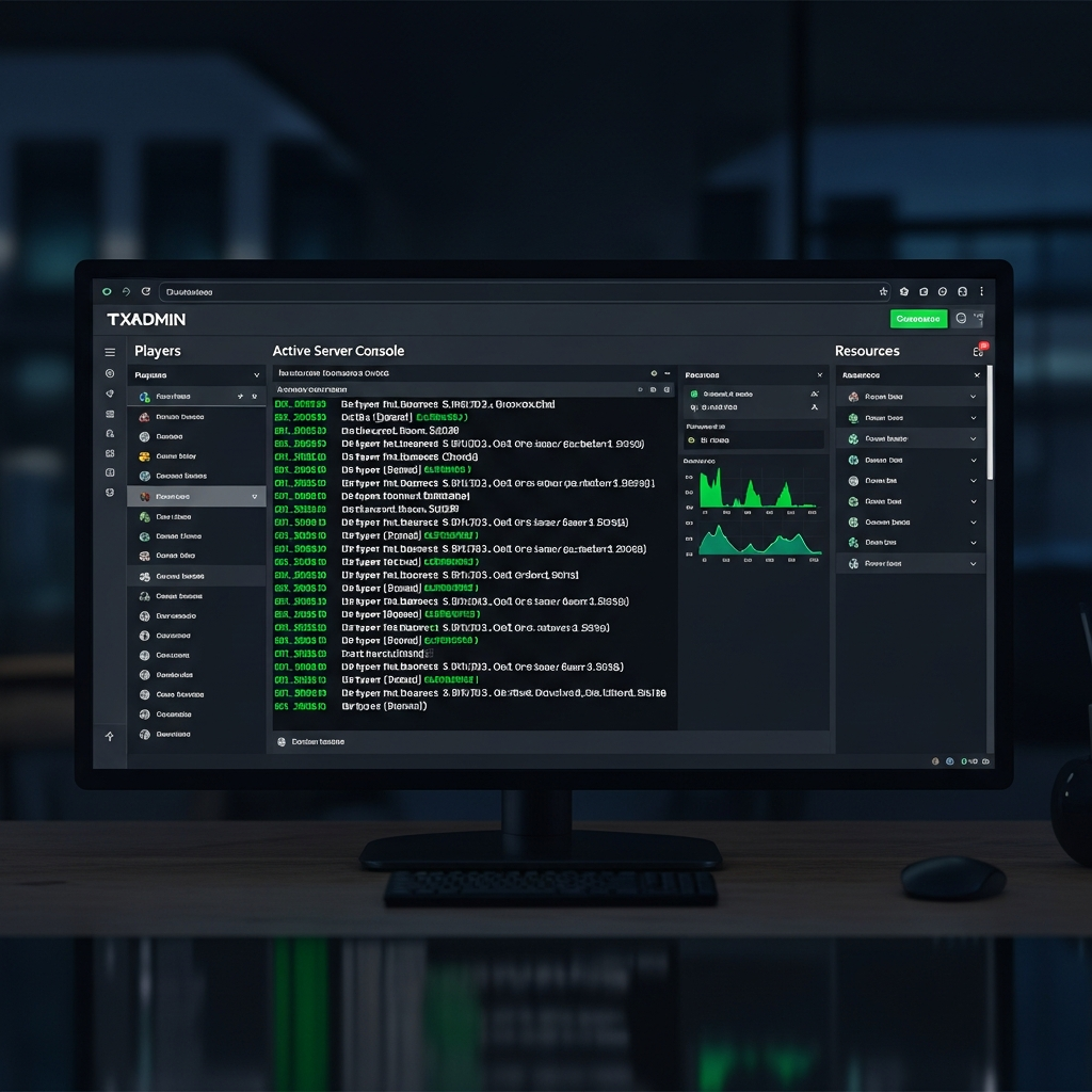Interfaz de txAdmin en navegador mostrando consola de servidor FiveM activo con logs en tiempo real, jugadores conectados y sección de recursos, diseño profesional fotorrealista con detalles técnicos visibles