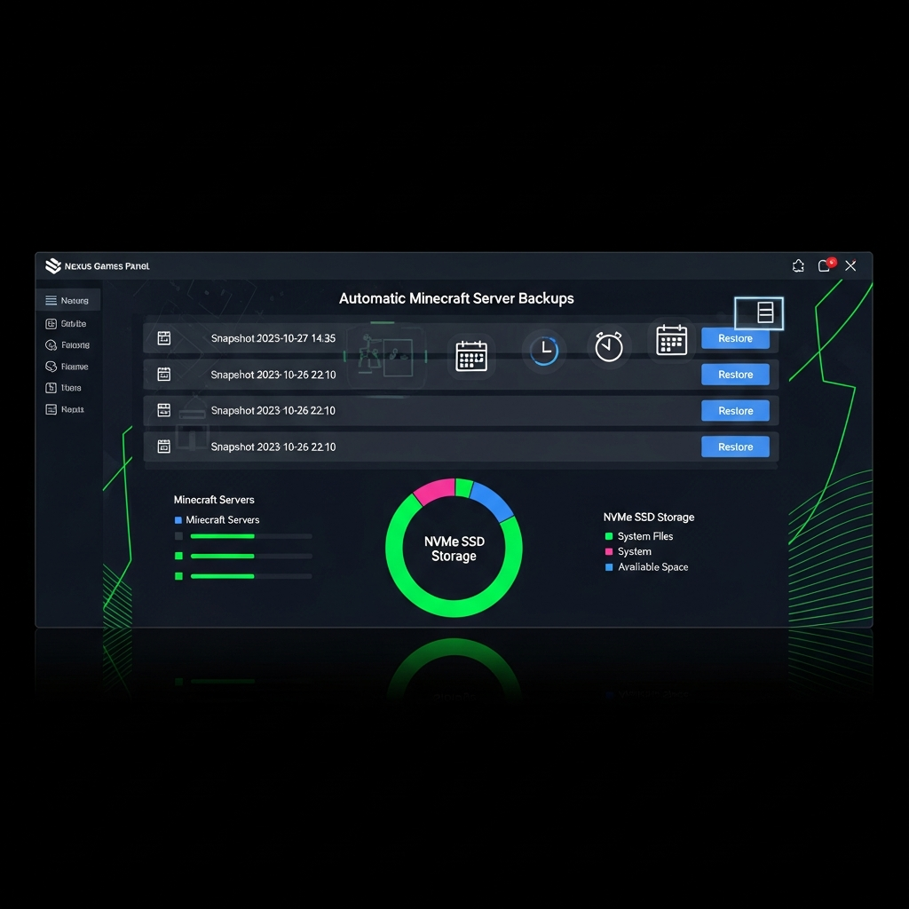 Interfaz fotorrealista del Panel Nexus Games mostrando sección de backups automáticos de servidor Minecraft, lista de snapshots con timestamps, botones de restauración en azul, gráfico circular de uso de almacenamiento NVMe SSD, diseño moderno con temática oscura y acentos en verde neón, iconos de calendario y reloj
