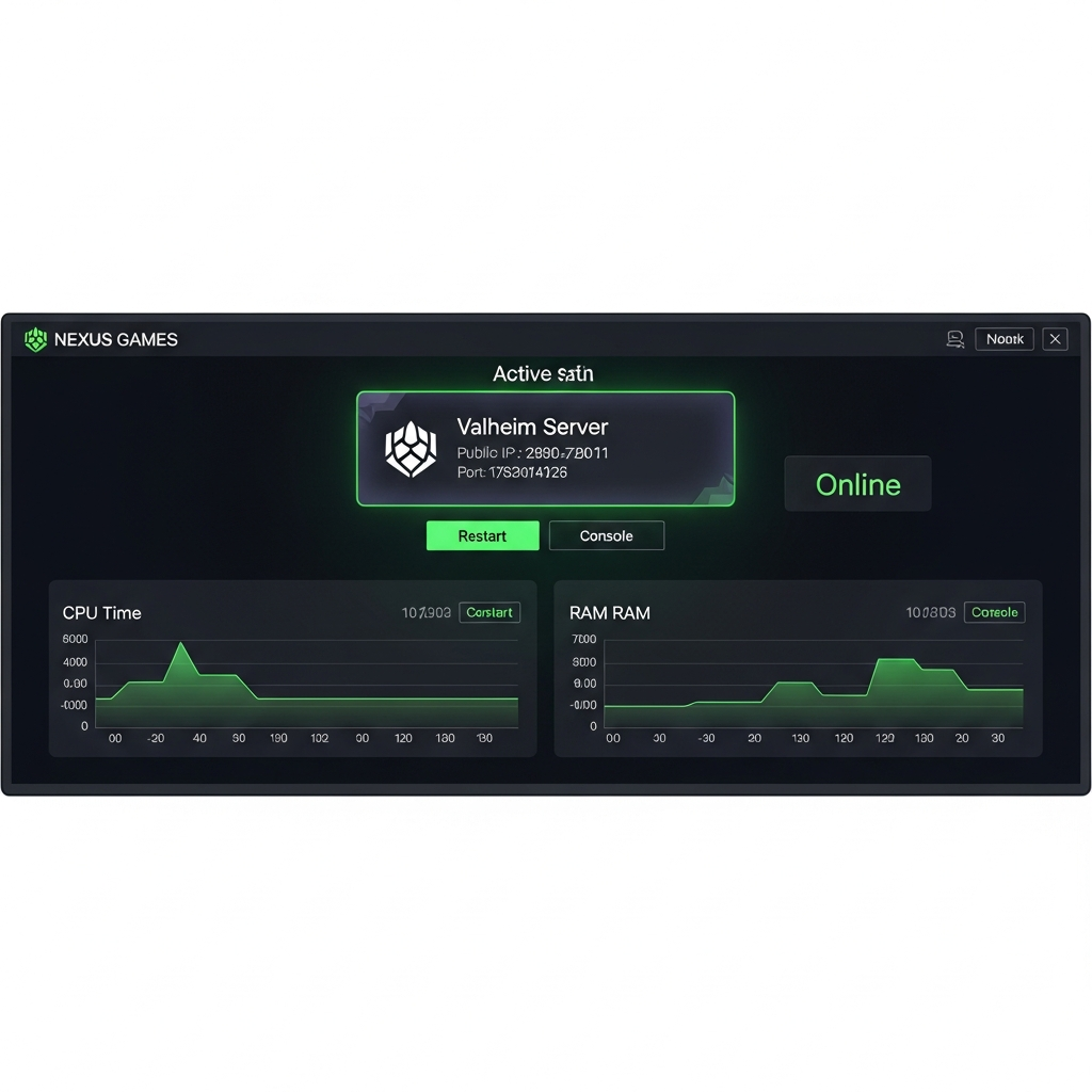 Interfaz fotorrealista del panel de administración de Nexus Games mostrando un servidor Valheim activo, con la dirección IP pública y puerto claramente visibles en una tarjeta destacada, panel moderno con gráficos de uso de CPU y RAM en tiempo real, botones de reinicio y consola, y estado del servidor en verde indicando online