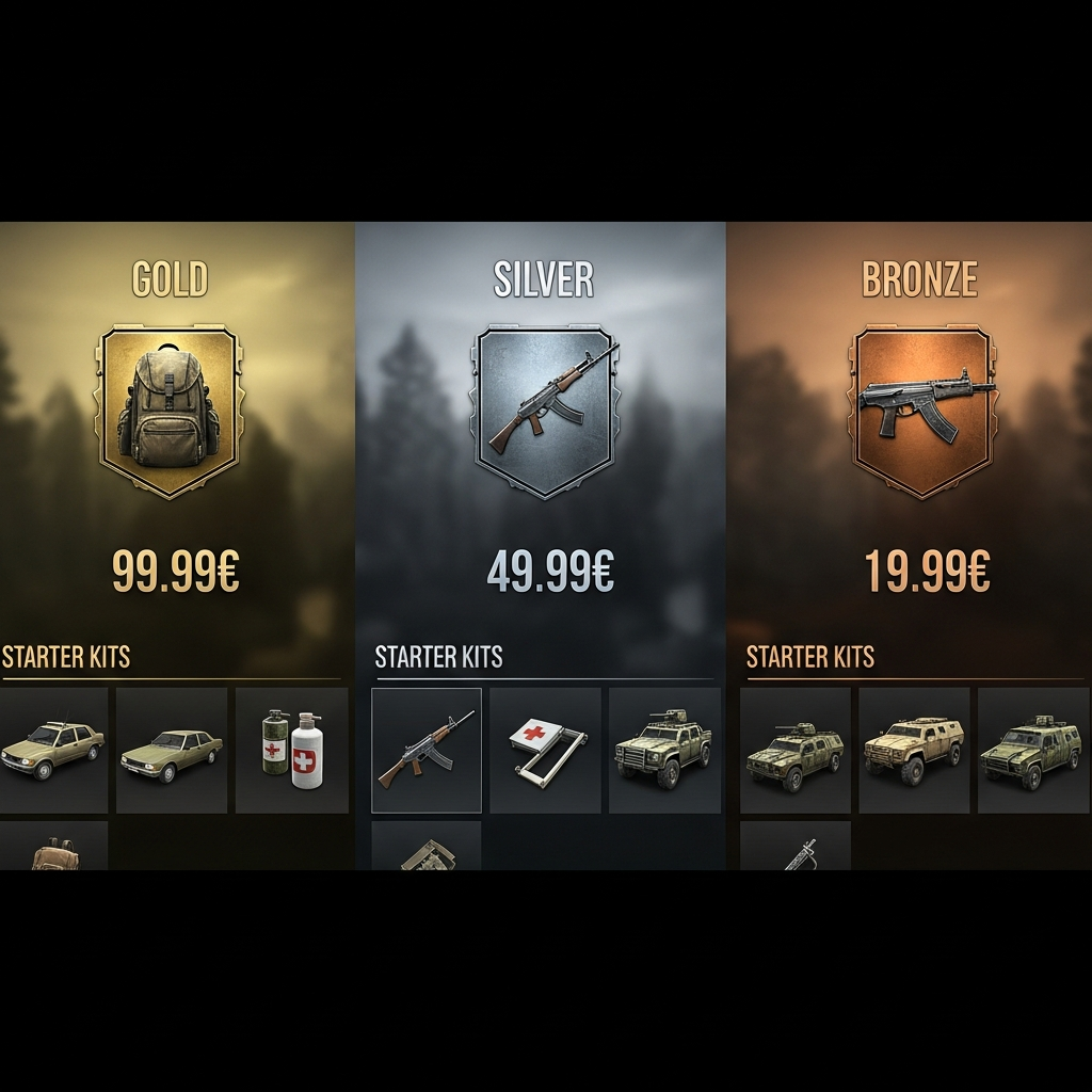 Interfaz moderna de tienda in-game de DayZ mostrando diferentes rangos VIP con iconos dorados, plateados y bronce, precios en euros, y preview de beneficios como kits de inicio y vehículos, diseño limpio estilo tienda digital
