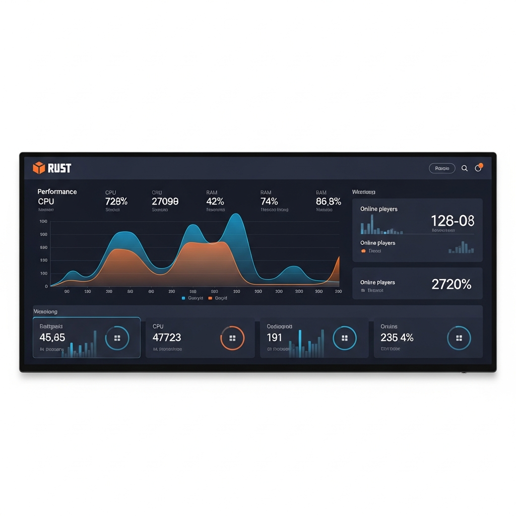 Interfaz panel de control moderno mostrando gráficos de rendimiento servidor Rust, métricas CPU, RAM y jugadores online, diseño oscuro con acentos naranjas y azules, pantalla de escritorio profesional fotorrealista