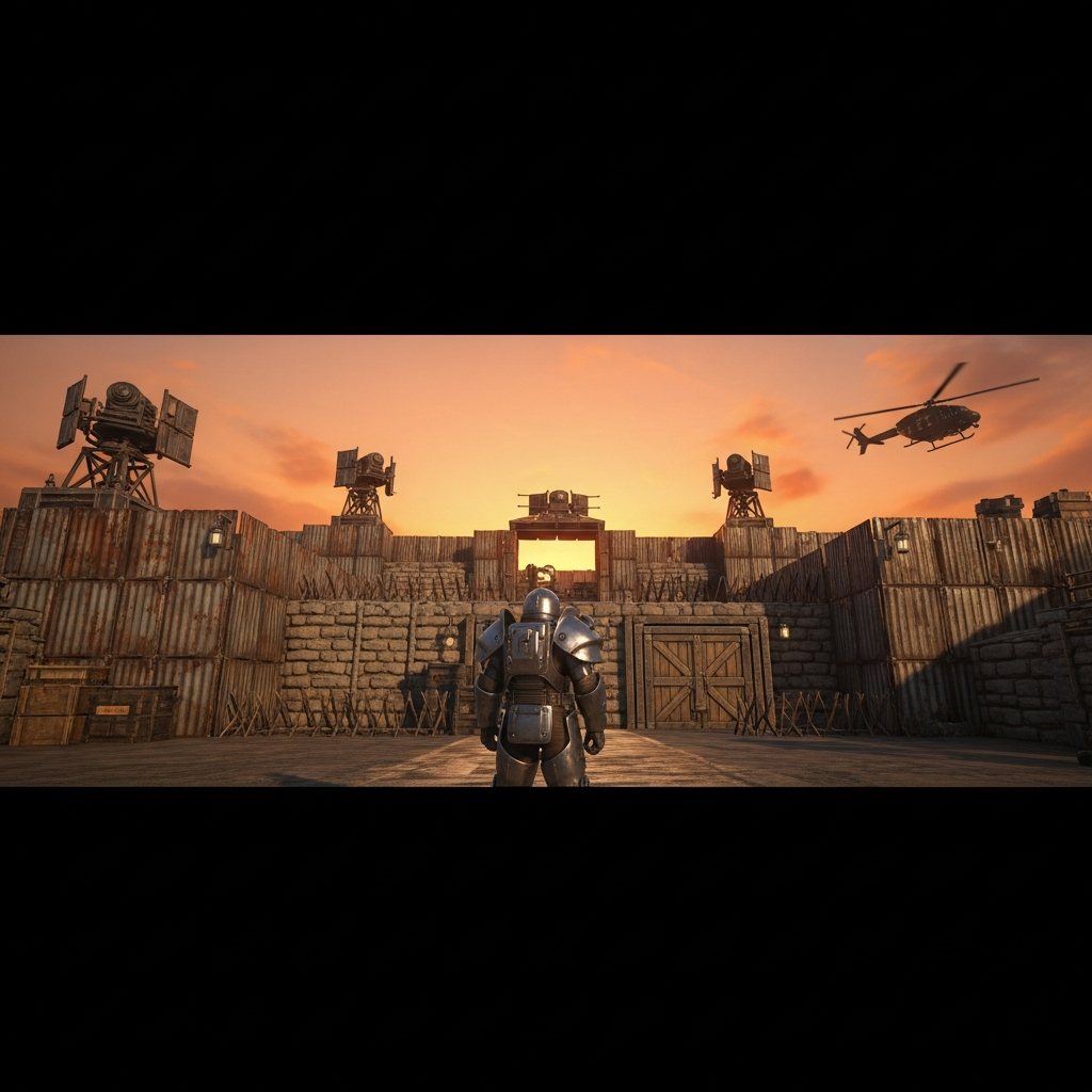 Jugador con armadura metálica completa frente a base fortificada en Rust, cielo atardecer naranja dramático, helicóptero patrulla en fondo, grafismo hiperrealista estilo screenshot in-game 4K
