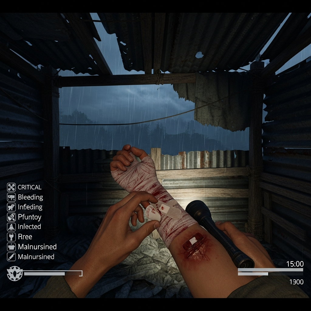 Jugador en primera persona aplicando vendajes sangrientos en un refugio improvisado durante tormenta nocturna, interfaz del juego visible mostrando múltiples iconos de enfermedad y estado crítico de salud, iluminación tenue con linterna