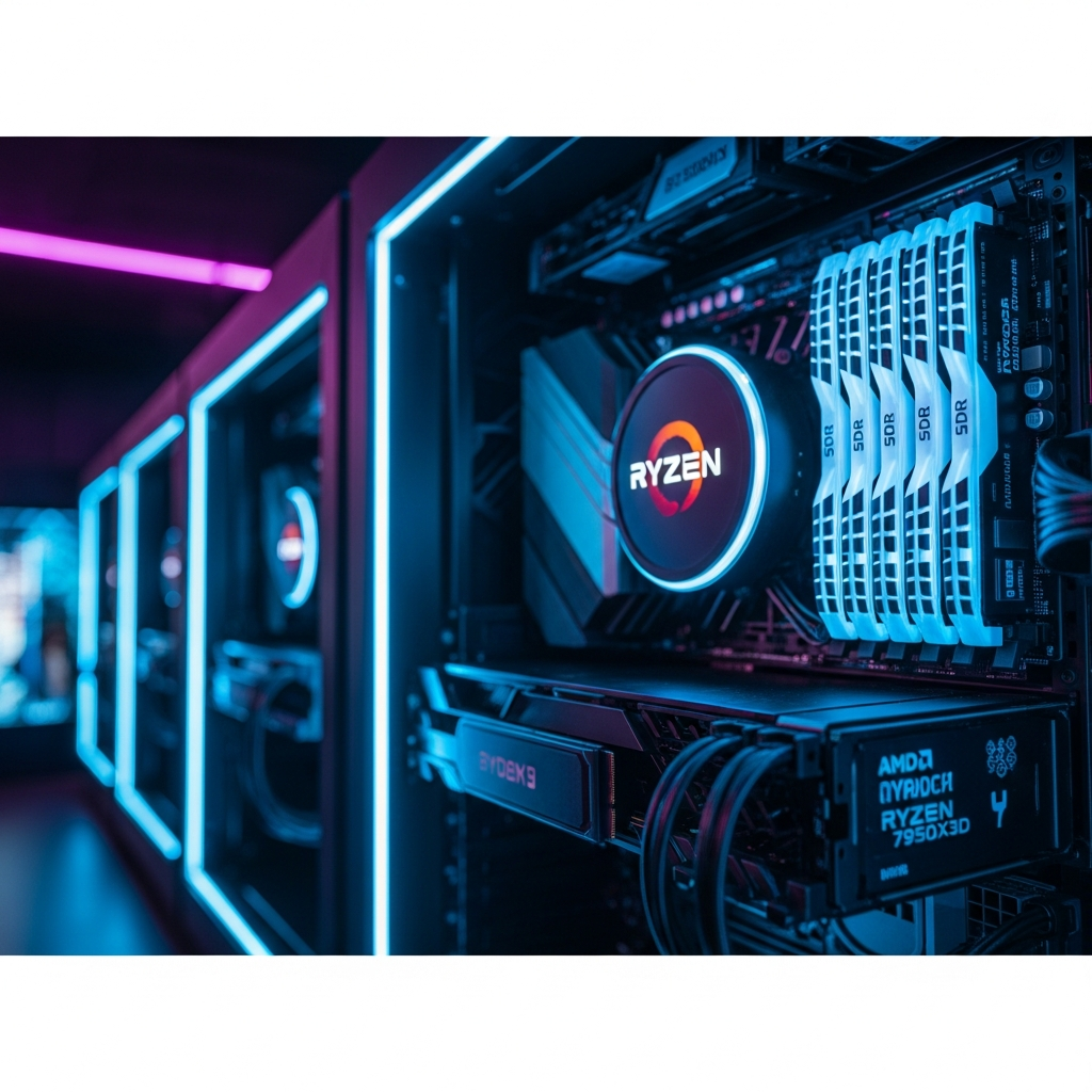 Moderner Serverraum mit leuchtenden AMD Ryzen 9 7950X3D Prozessoren in High-End-Gaming-Servern, Nahaufnahme auf DDR5 RAM-Module und NVMe SSDs mit blauen LEDs, dunkler Hintergrund mit dezenten Neonakzenten, fotorealistisch, technisch detailliert