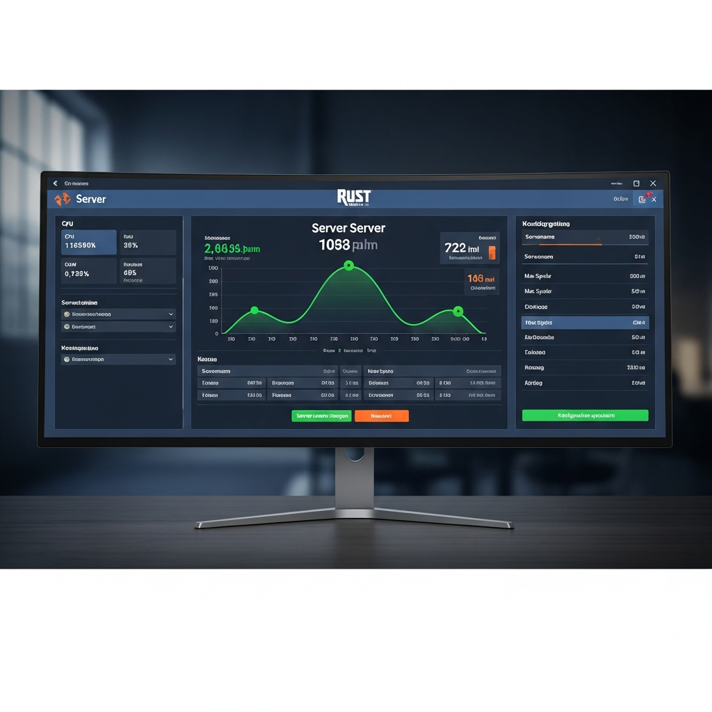 Modernes Server-Control-Panel auf einem Monitor, fotorealistische Darstellung einer übersichtlichen Rust-Server-Verwaltungsoberfläche mit Statusanzeigen, Ressourcennutzung und Konfigurationsoptionen in deutscher Sprache