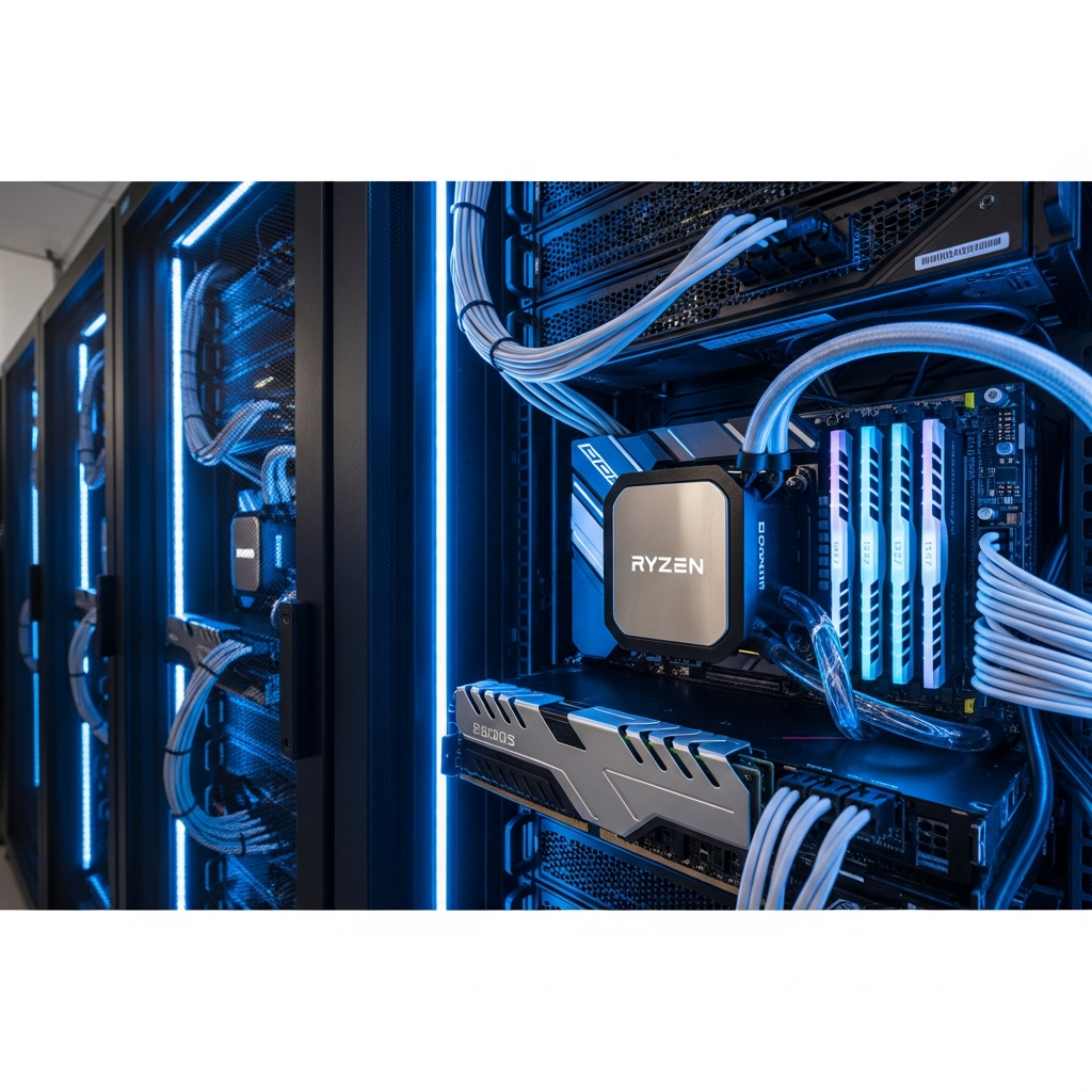 Modernes Server-Rechenzentrum mit AMD Ryzen 9 7950X3D Prozessoren in beleuchteten Rack-Schränken, blaue LED-Beleuchtung, professionelle Netzwerk-Verkabelung, Nahaufnahme auf CPU-Kühler und DDR5-RAM-Module, fotorealistisch