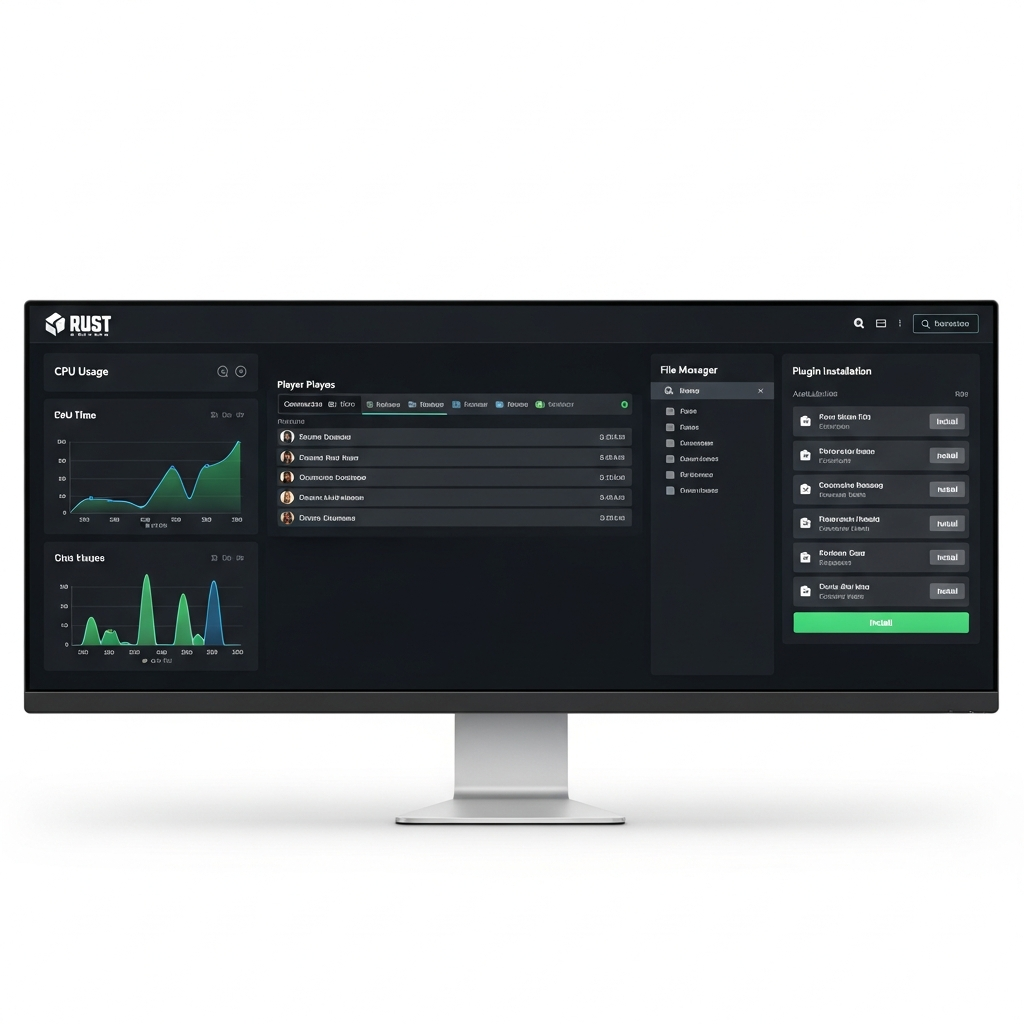 Modern gaming control panel interface on desktop monitor showing Rust server management dashboard with CPU graphs, player list, file manager, and plugin installation screen, clean UI with dark theme