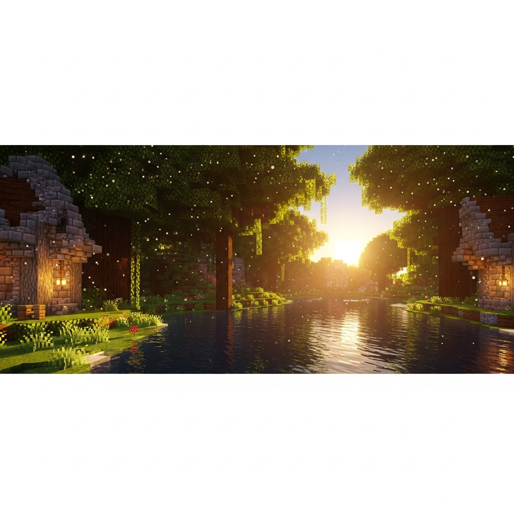 Monde Minecraft luxuriant et détaillé avec shaders activés, lumière dorée du soleil couchant filtrant à travers feuillage dense d'arbres réalistes, reflets précis sur lac calme, ombres dynamiques projetées par constructions médiévales en pierre détaillée, particules lumineuses flottant dans l'air, rendu photoréaliste 4K, ambiance paisible et immersive
