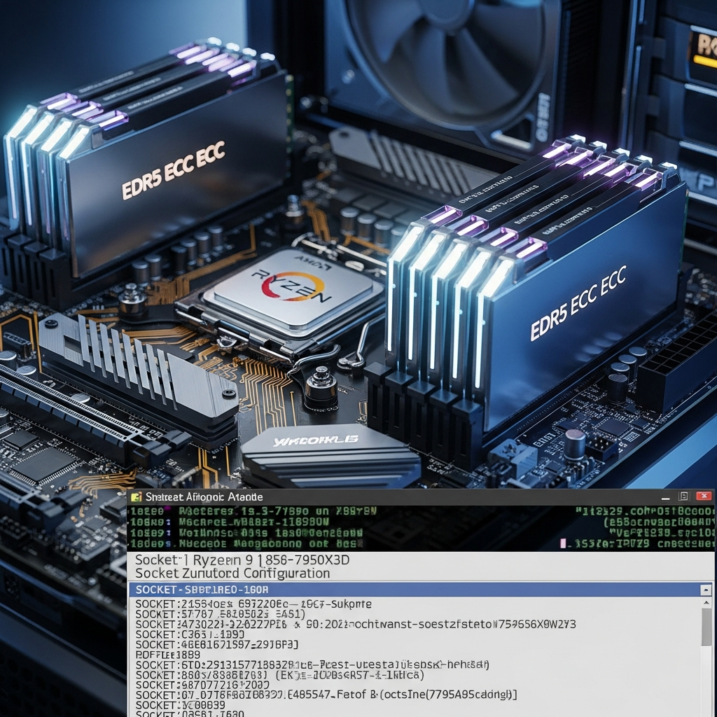 Nahaufnahme einer professionellen Server-Hardware mit sichtbarem AMD Ryzen 9 7950X3D Prozessor und DDR5 ECC RAM-Modulen, leuchtende RGB-Elemente, im Vordergrund ein geöffnetes Terminal mit scrollendem Code zur Socket-Konfiguration, technisches fotorealistisches Licht