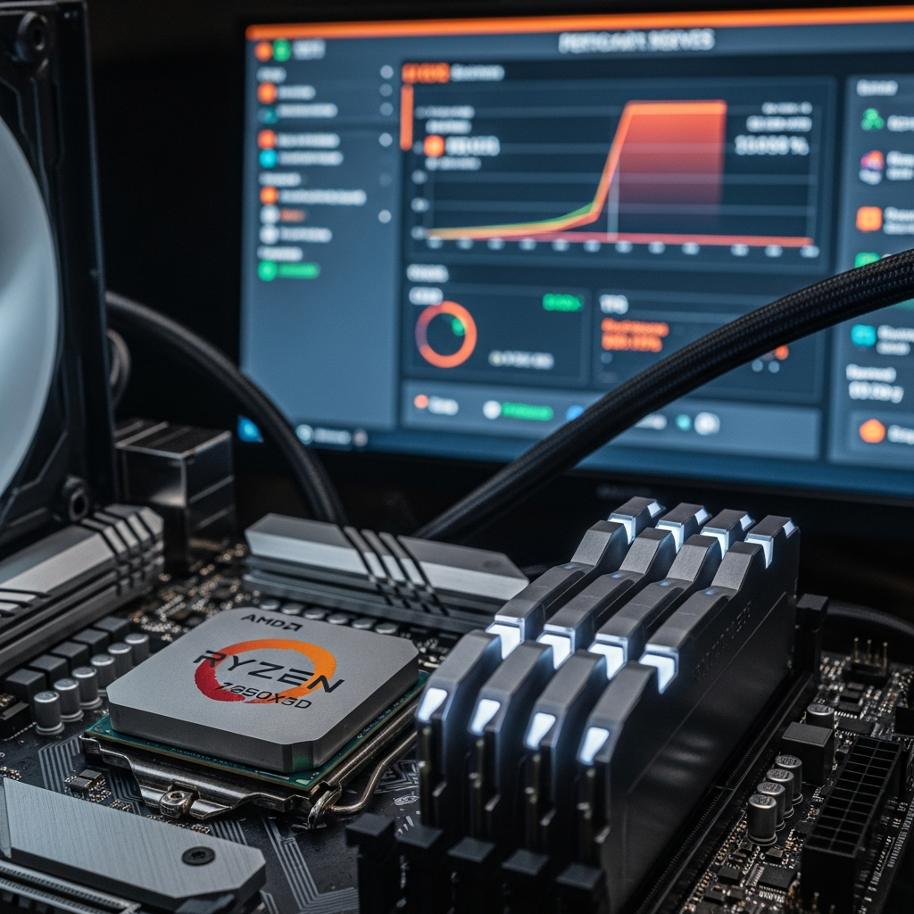 Nahaufnahme eines AMD Ryzen 9 7950X3D Prozessors auf einem Mainboard mit DDR5 RAM-Modulen, im Hintergrund leuchtet ein Minecraft-Server-Dashboard mit Echtzeit-Performance-Grafiken und TPS-Anzeigen