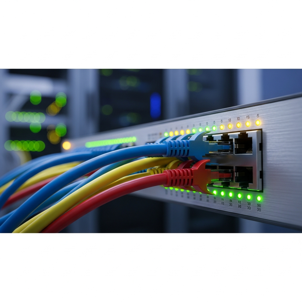 Nahaufnahme eines beleuchteten Netzwerk-Switches mit mehreren aktiven LAN-Kabeln und blinkenden Status-LEDs, im Hintergrund verschwommen ein Server-Rack in einem professionellen Rechenzentrum