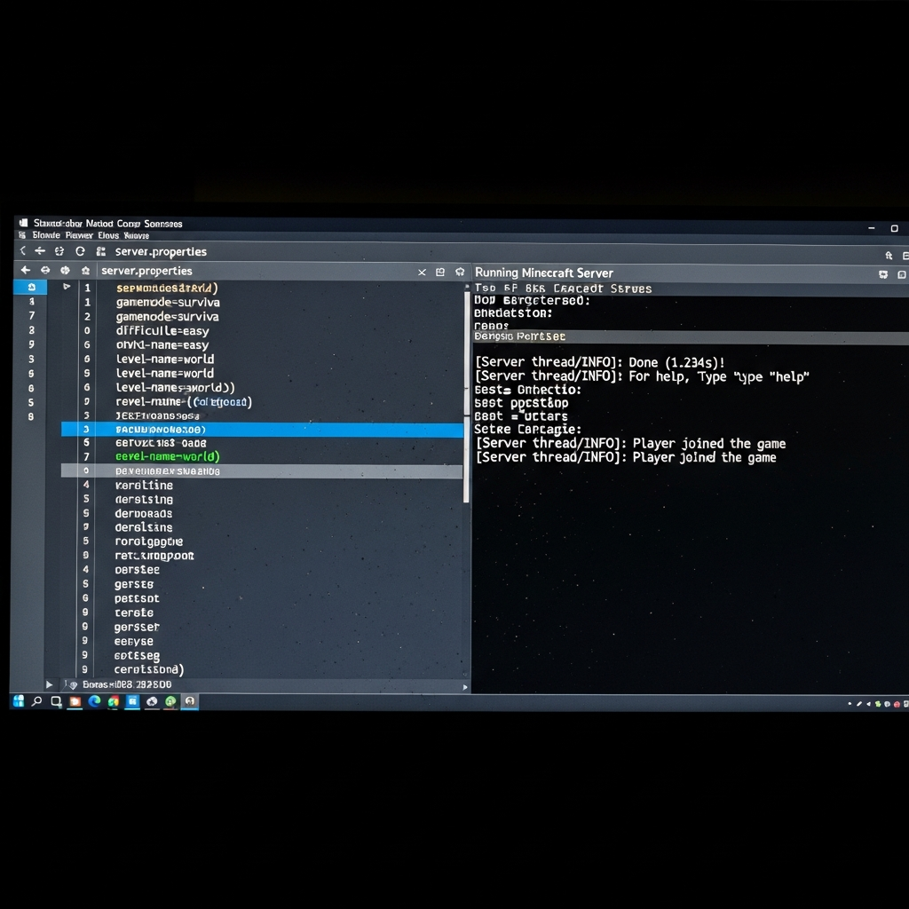 Nahaufnahme eines geöffneten Texteditors mit der Datei server.properties auf einem Monitor, daneben ein offenes Terminal-Fenster mit laufendem Minecraft-Server und Konsolenausgabe in Echtzeit