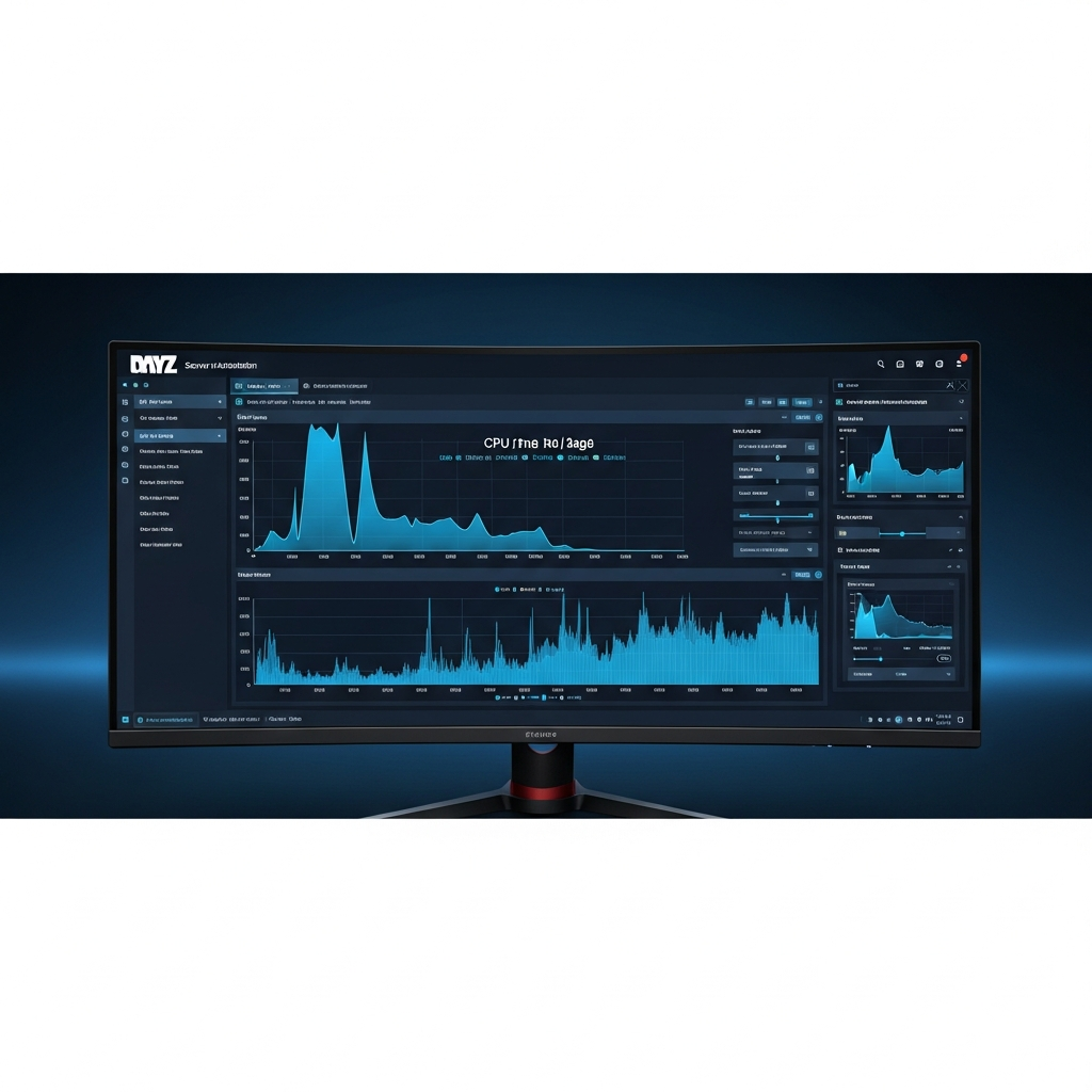 Panel de administración de servidor DayZ abierto en un monitor gaming ultrawide, mostrando gráficas de uso de CPU y RAM en tiempo real, con fondos oscuros y elementos UI azules neón, ambiente técnico profesional, renderizado fotorrealista