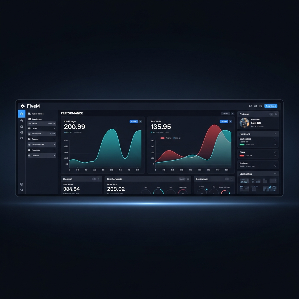 Panel de administración de servidor FiveM mostrando gráficos de rendimiento en tiempo real, CPU, RAM y tick rate, con interfaz moderna y fondo oscuro, estilo captura de pantalla fotorrealista