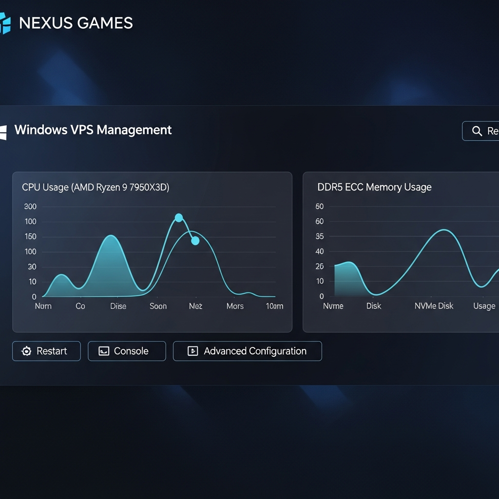 Panel de control Nexus Games mostrando la sección de gestión de VPS Windows, con gráficas de uso de CPU AMD Ryzen 9 7950X3D, memoria DDR5 ECC y disco NVMe en tiempo real, interfaz moderna con botones de reinicio, consola y configuración avanzada
