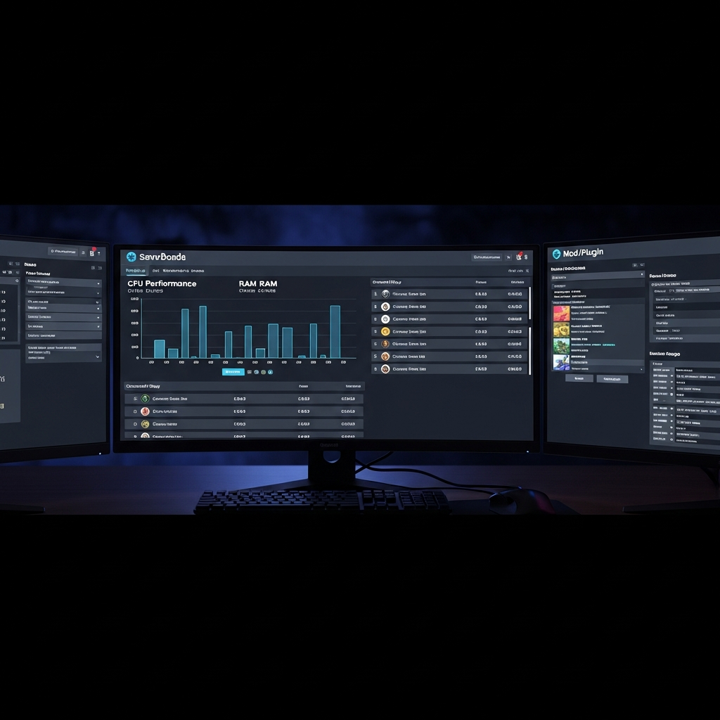 Panel de control del servidor mostrando dashboard de administración con gráficas de rendimiento en tiempo real, consumo de CPU y RAM en monitoreo activo, lista de jugadores conectados con pings, panel de consola con logs del servidor, sección de gestión de mods y plugins, interfaz limpia y profesional con temática oscura