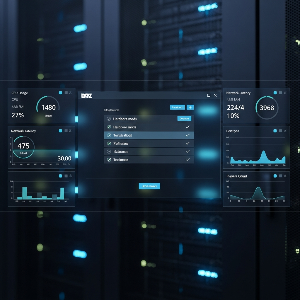 Pantalla de configuración del panel de control de servidor DayZ mostrando la instalación de mods hardcore con checkboxes activados, fondo oscuro profesional, interfaz moderna tipo dashboard con estadísticas de rendimiento en tiempo real