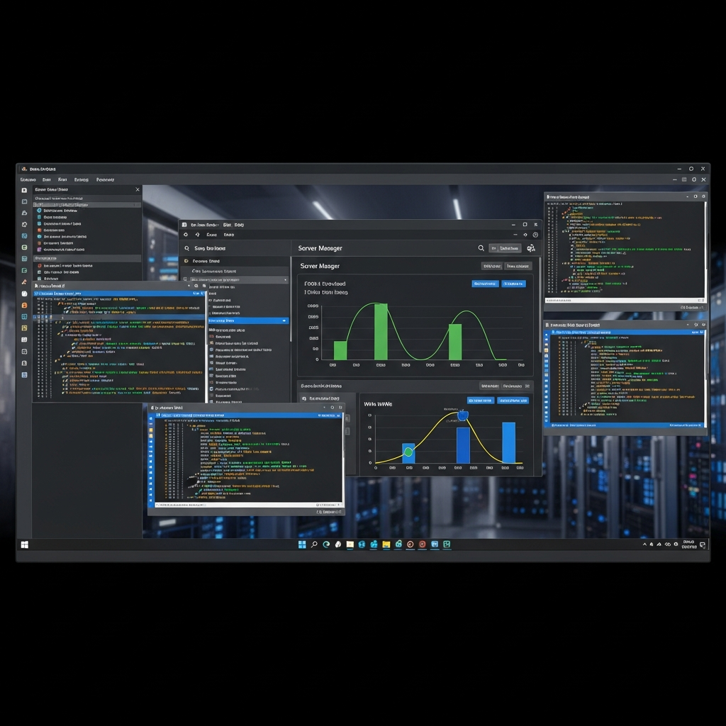 Pantalla de escritorio remoto de Windows Server 2022 mostrando el Administrador de servidores abierto, con gráficos de rendimiento de CPU, RAM y almacenamiento NVMe en tiempo real, entorno profesional de datacenter con múltiples ventanas de terminal PowerShell abiertas