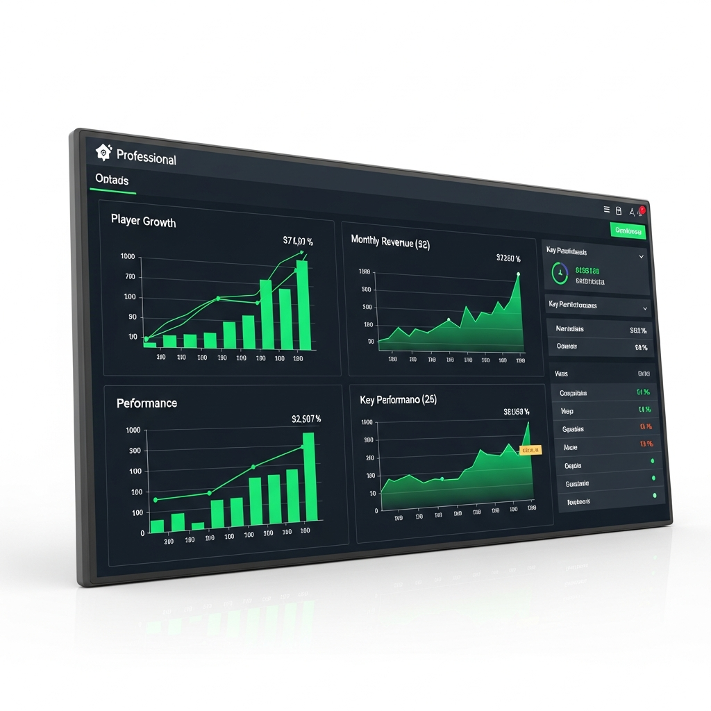 Pantalla de estadísticas mostrando gráficos de crecimiento de jugadores, ingresos mensuales en euros con tendencia ascendente, y dashboard de métricas con indicadores verdes de rendimiento óptimo, estilo panel administrativo profesional
