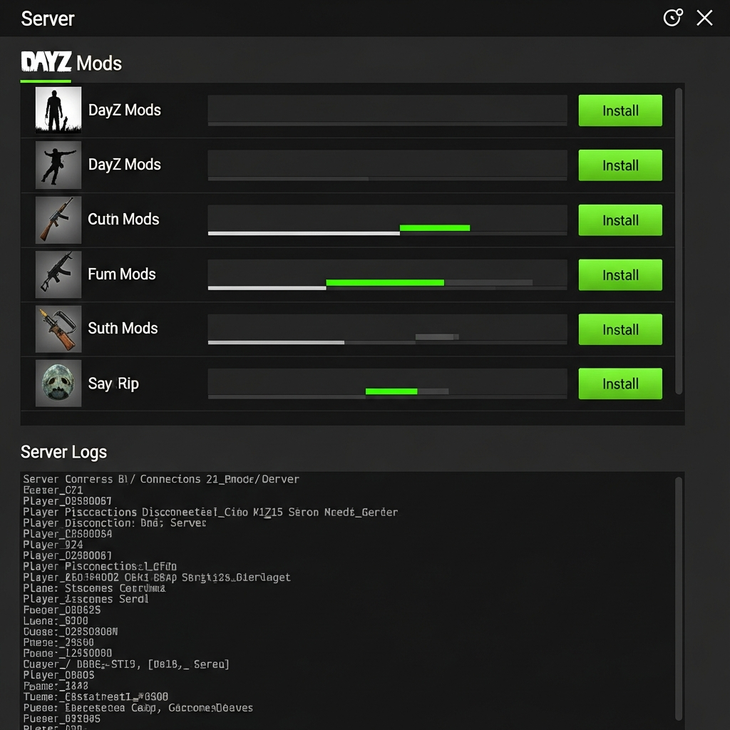 Pantalla de interfaz de panel de control de servidor mostrando lista de mods de DayZ con iconos, botones de instalación verde brillante, barras de progreso y logs de servidor en fuente monoespacio, diseño oscuro profesional