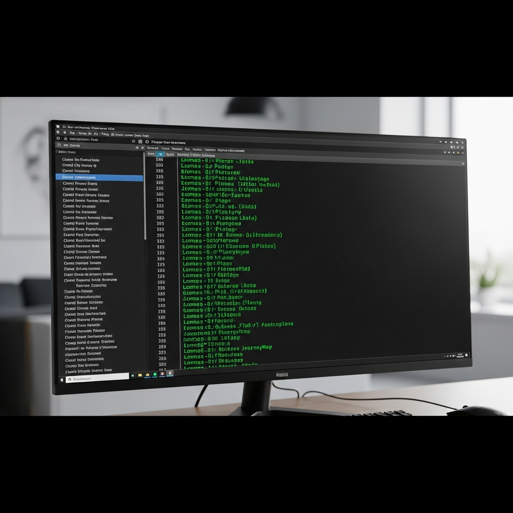Photographie photoréaliste d'un écran d'ordinateur affichant la console de logs d'un serveur Minecraft Forge en 2025, avec des lignes de texte vert indiquant le chargement réussi de plusieurs mods populaires comme Biomes O'Plenty et JourneyMap