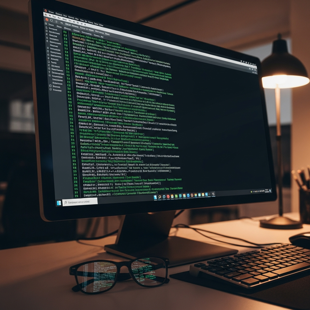 Photo photoréaliste d'un écran d'ordinateur 4K affichant un terminal Linux avec le processus BuildTools en cours d'exécution, lignes de logs défilant rapidement en vert et blanc sur fond noir, reflet du code sur des lunettes posées à côté du clavier, ambiance bureau moderne avec lumière tamisée