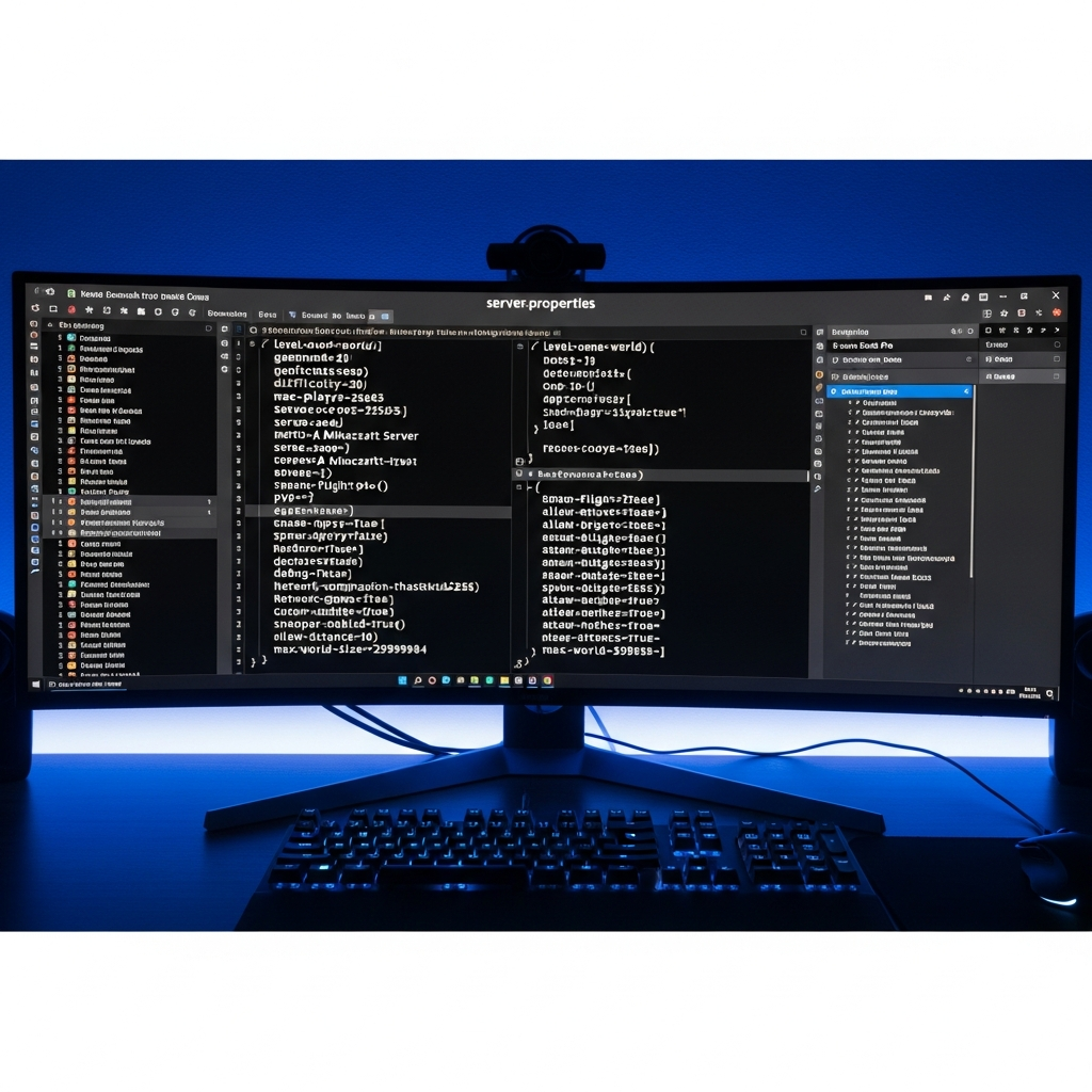 Photo photoréaliste d'un écran d'ordinateur affichant un fichier server.properties ouvert dans un éditeur de texte moderne avec coloration syntaxique, clavier mécanique RGB en premier plan, ambiance bureau gamer nocturne avec éclairage LED bleu