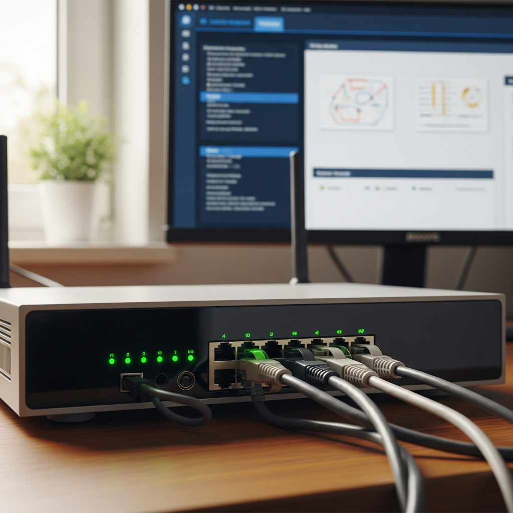 Photo photoréaliste d'un routeur internet moderne avec ses LED vertes allumées, câbles Ethernet branchés, posé sur un bureau avec en arrière-plan un écran affichant une page de configuration réseau, ambiance lumière naturelle de jour