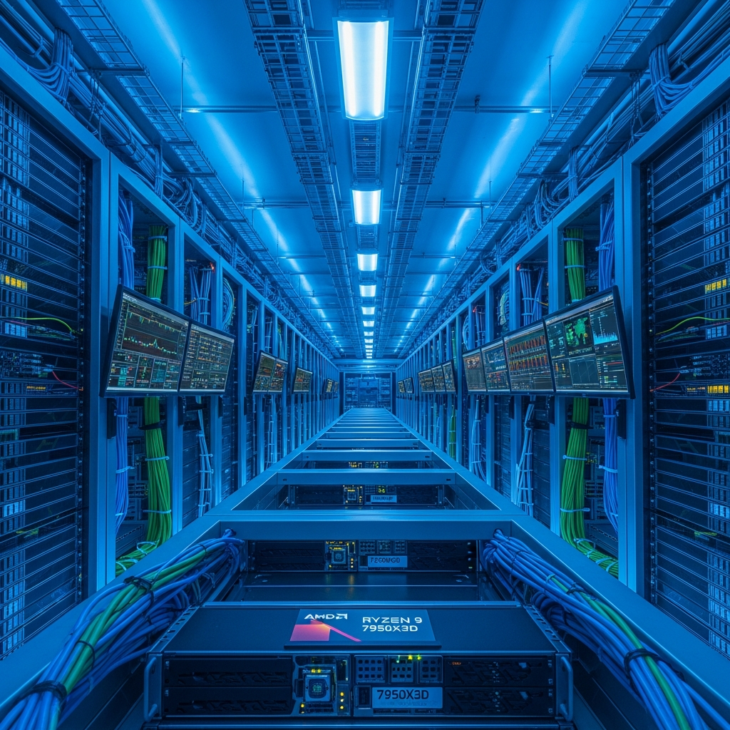 Photo réaliste d'un datacenter moderne avec rangées de serveurs rackés équipés de processeurs AMD Ryzen 9 7950X3D, éclairage LED bleu, câbles réseau organisés, écrans affichant des graphiques de monitoring en temps réel, atmosphère high-tech et professionnelle, perspective en contre-plongée pour accentuer la puissance de l'infrastructure