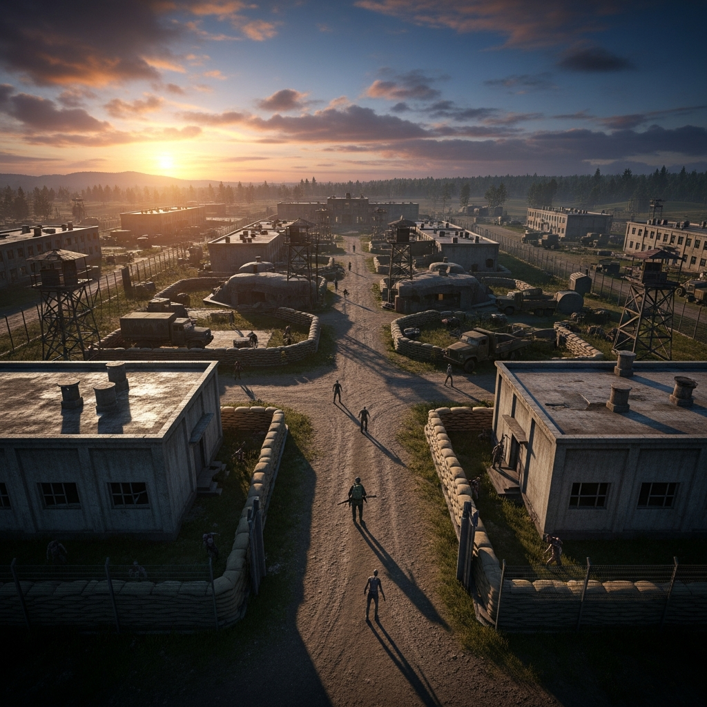 Photorealistic aerial view of a DayZ military base at dusk with scattered infected roaming the perimeter, a lone player silhouette moving cautiously between buildings, dramatic lighting from the setting sun, conveying the strategic complexity and danger of hardcore mod configurations