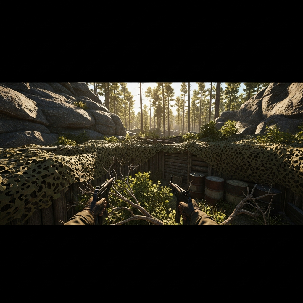 Photorealistic first-person perspective of hidden DayZ base built against rocky cliff face, camouflage netting draped over wooden walls, storage barrels concealed under foliage, late afternoon sunlight filtering through trees, realistic survival game graphics