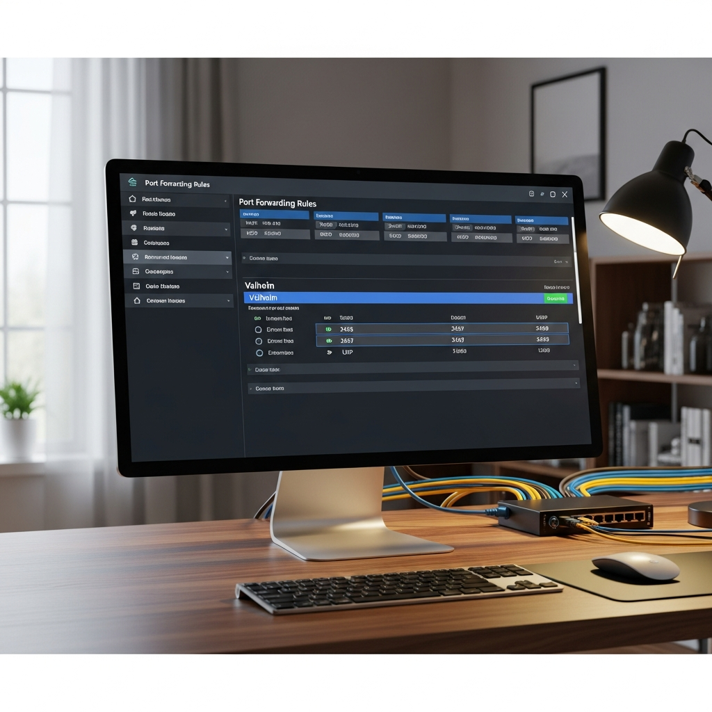 Photorealistic image of a modern router admin interface on a computer screen showing port forwarding configuration page with Valheim ports 2456-2458 being configured, ethernet cables visible, professional home office setting