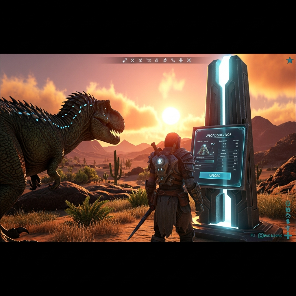 Photorealistic in-game screenshot of ARK Survival Ascended showing a player character standing at a glowing obelisk terminal interface at sunset, with the upload survivor menu visible on screen, a tamed dinosaur nearby, and dramatic lighting casting long shadows across a desert landscape